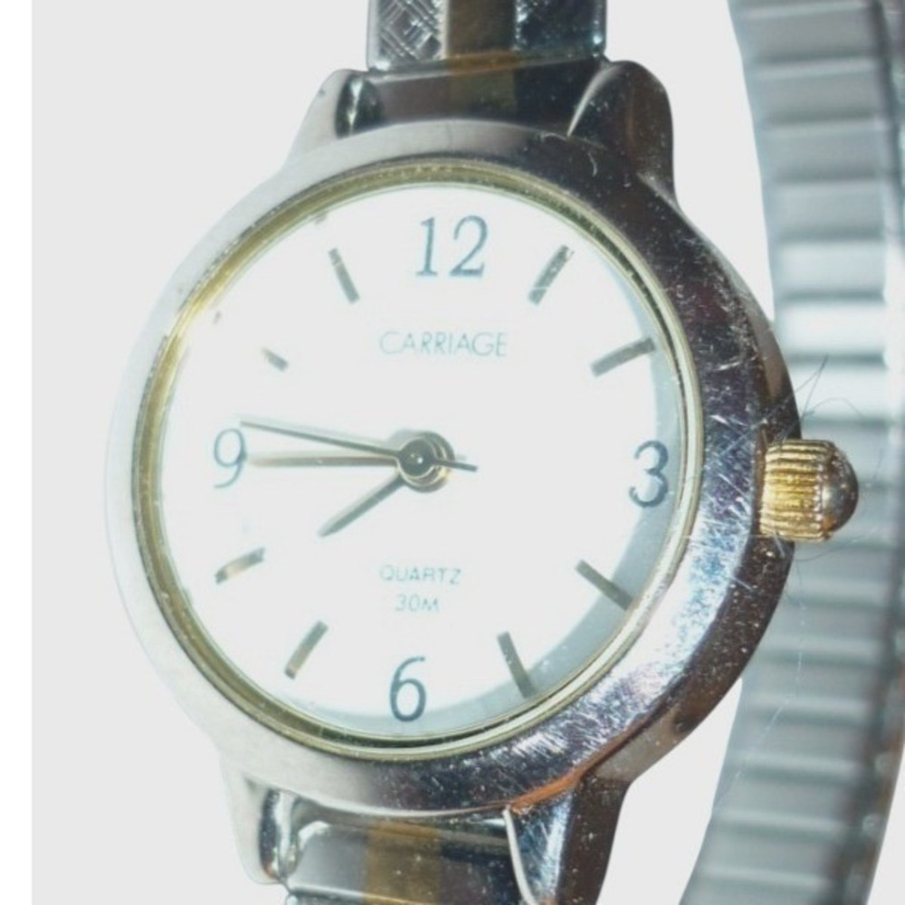 Carriage Timex Womens Watch Two Tone Silver Gold Expansion Band White Dial 30M